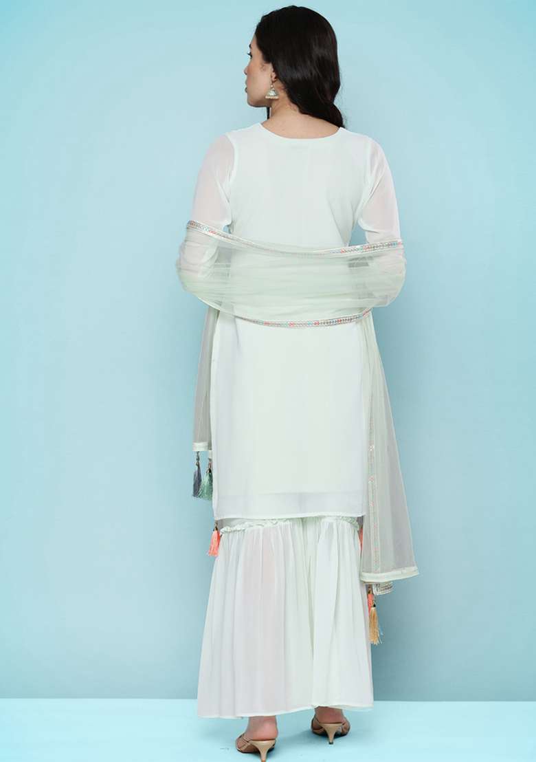Light Green Embroidered Georgette Sharara Set - Indya