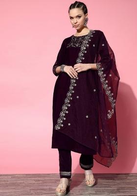 Wine Embroidered Velvet Salwar Kameez With Dupatta