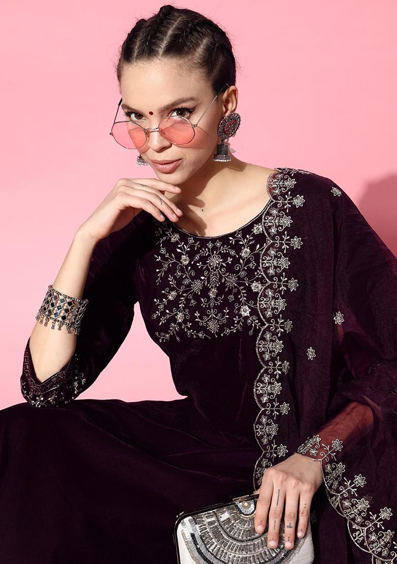 Wine Embroidered Velvet Salwar Kameez With Dupatta