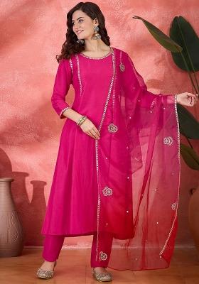 Mocha Mouse Embroidered Poly Blend Salwar Kameez With Dupatta