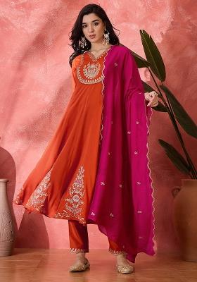 Orange Embroidered Silk Salwar Kameez With Dupatta