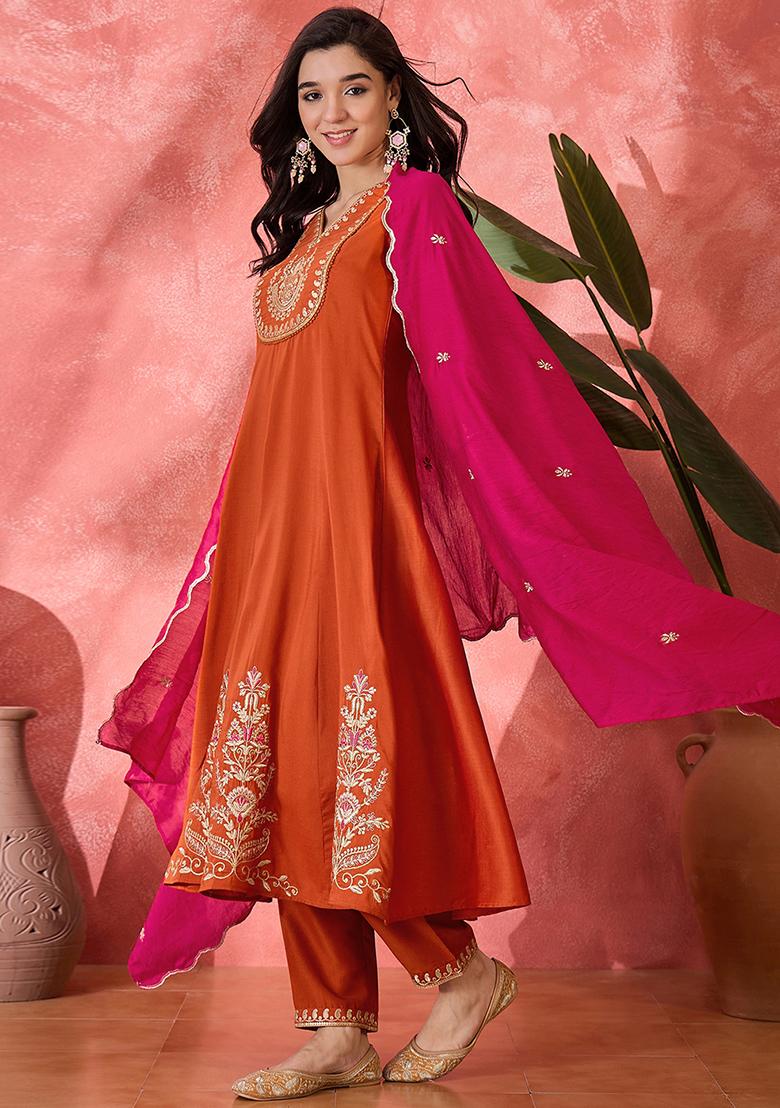 Orange Embroidered Silk Salwar Kameez With Dupatta