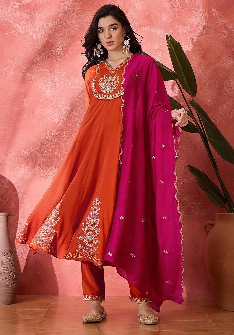 Orange Embroidered Silk Salwar Kameez With Dupatta