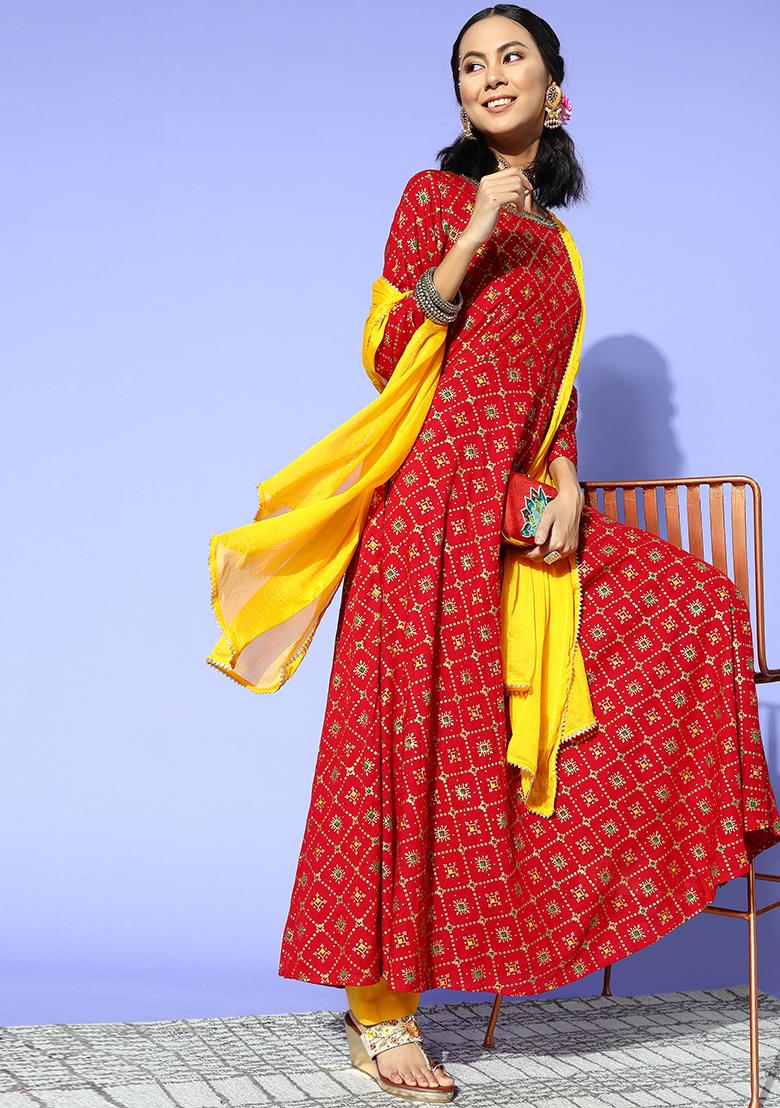 Red Embroidered Rayon Anarkali Set