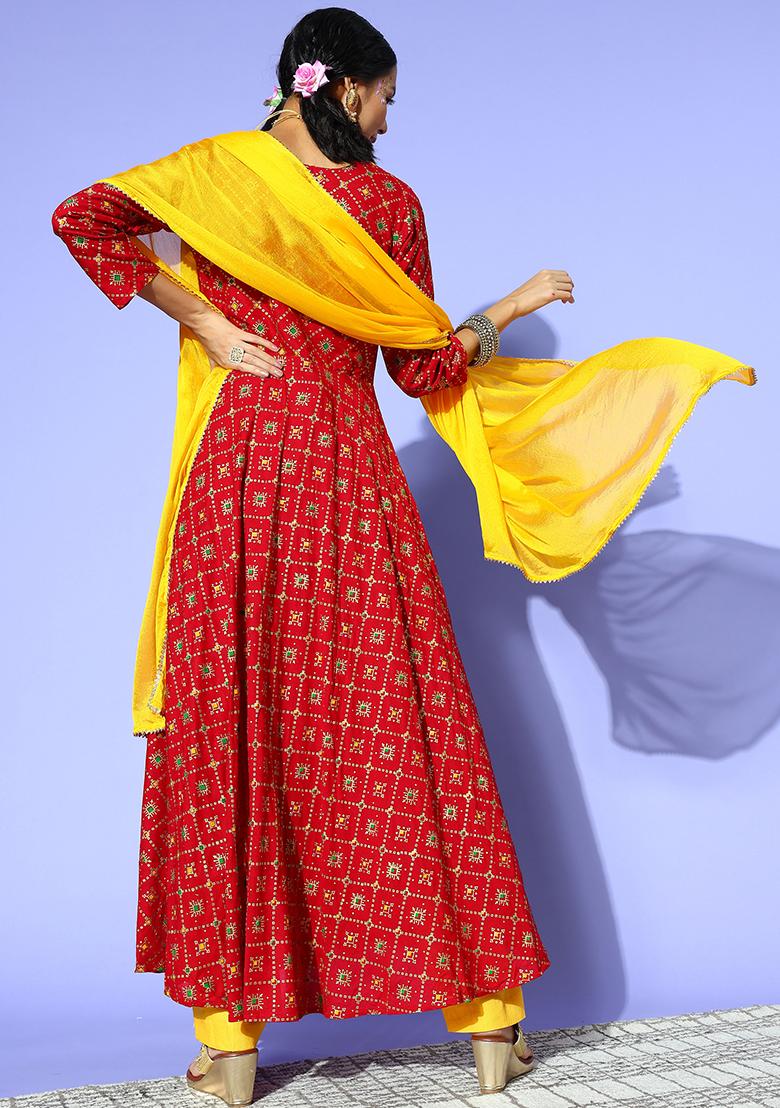 Red Embroidered Rayon Anarkali Set