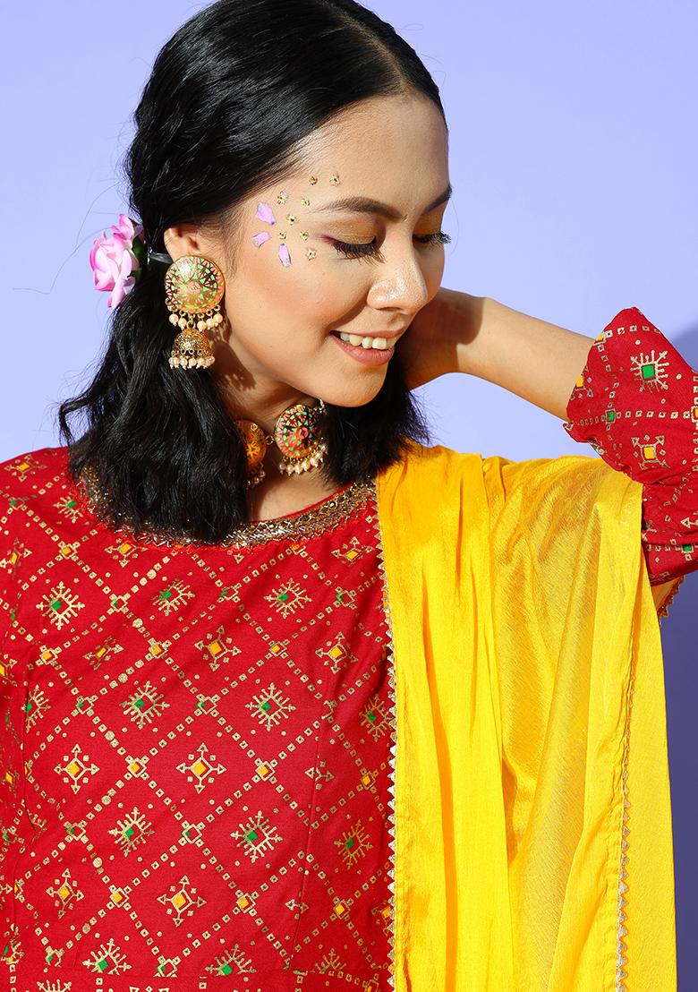 Red Embroidered Rayon Anarkali Set