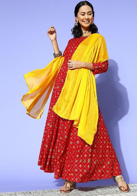 Red Embroidered Rayon Anarkali Set