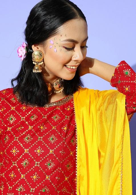 Red Embroidered Rayon Anarkali Set