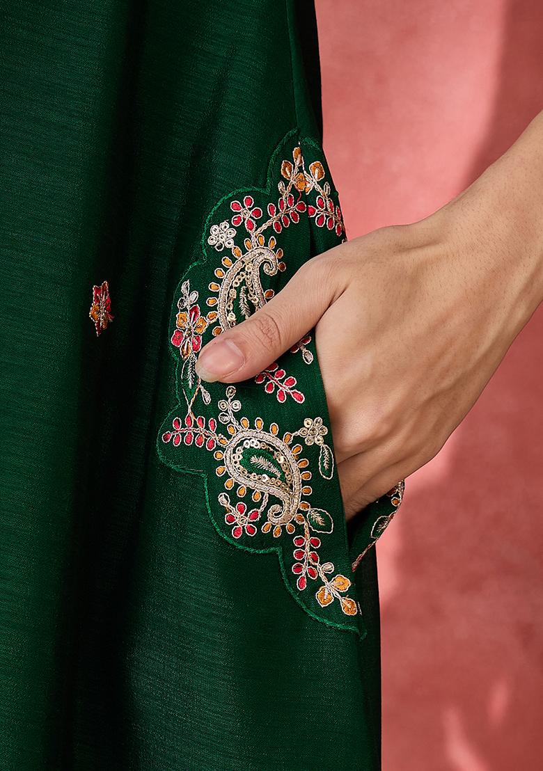 Green Embroidered Vichitra Salwar Kameez With Dupatta