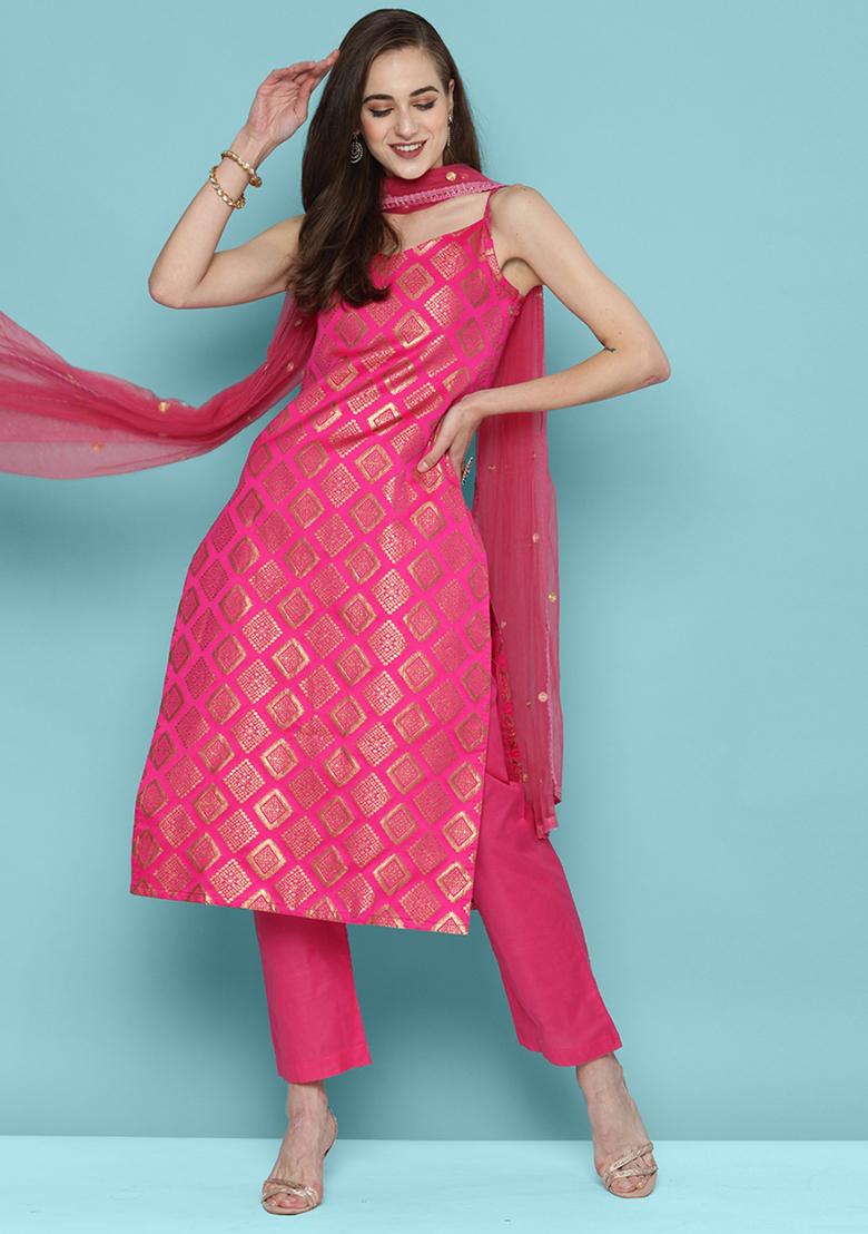 Pink Embroidered Silk Salwar Kameez With Dupatta