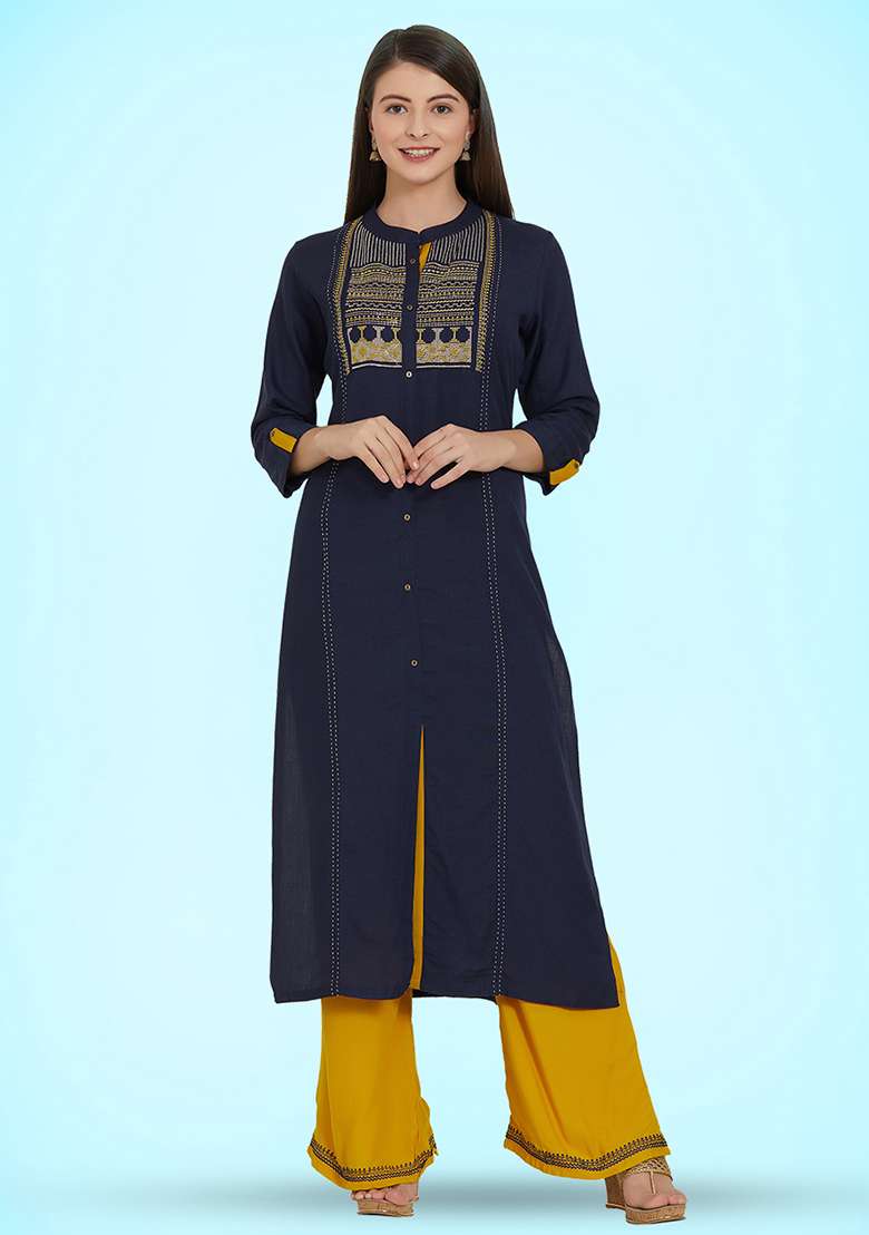 Navy Blue Embroidered Rayon Straight Kurta Set - Indya