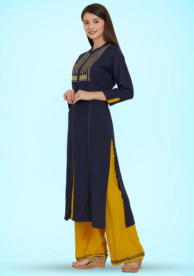 Navy Blue Embroidered Rayon Salwar Kameez