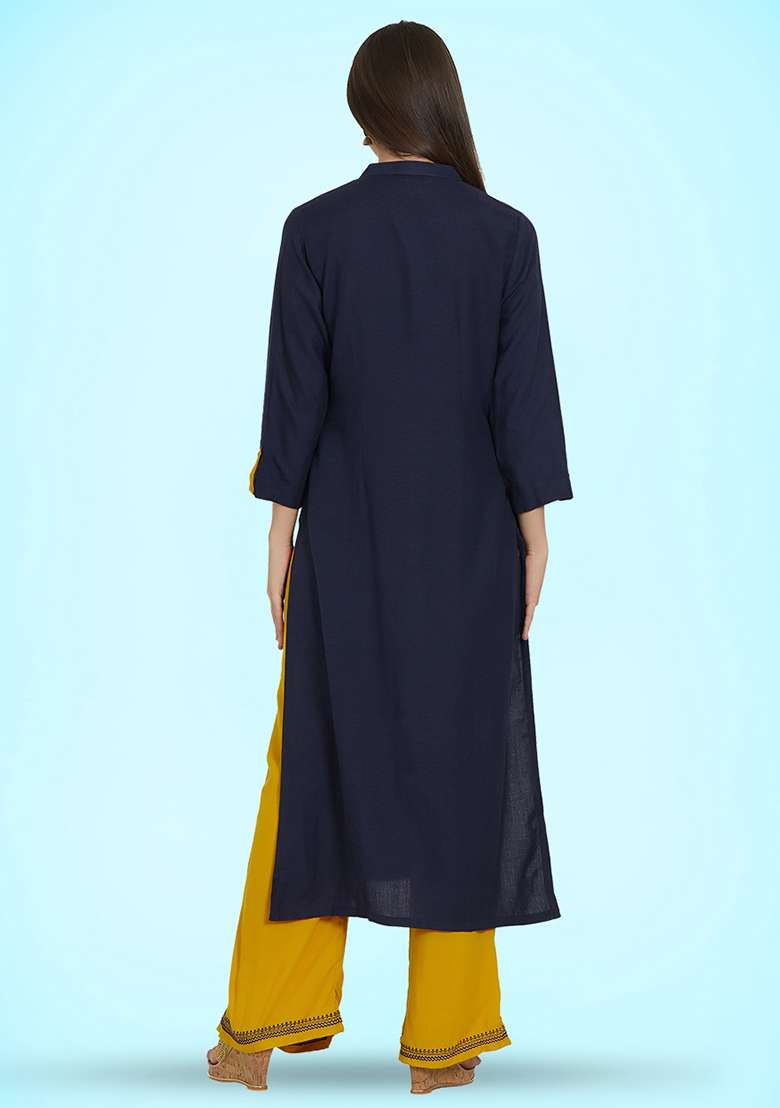 Navy Blue Embroidered Rayon Straight Kurta Set - Indya