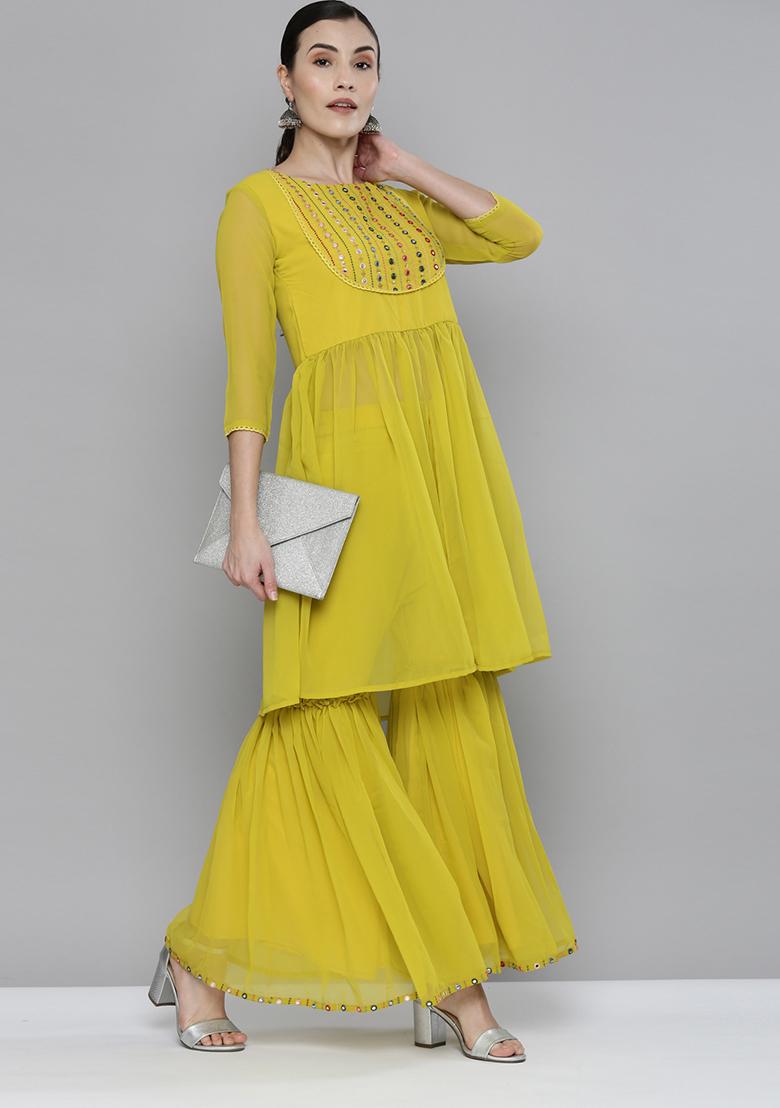 Lime Yellow Embroidered Georgette Salwar Kameez