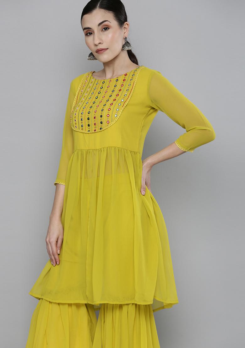 Lime Yellow Embroidered Georgette Salwar Kameez