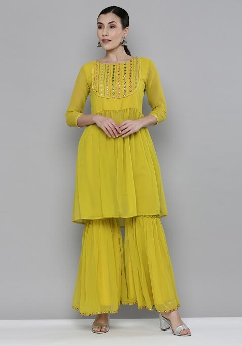 Lime Yellow Mirror Work Georgette Sharara Set — view on Indya