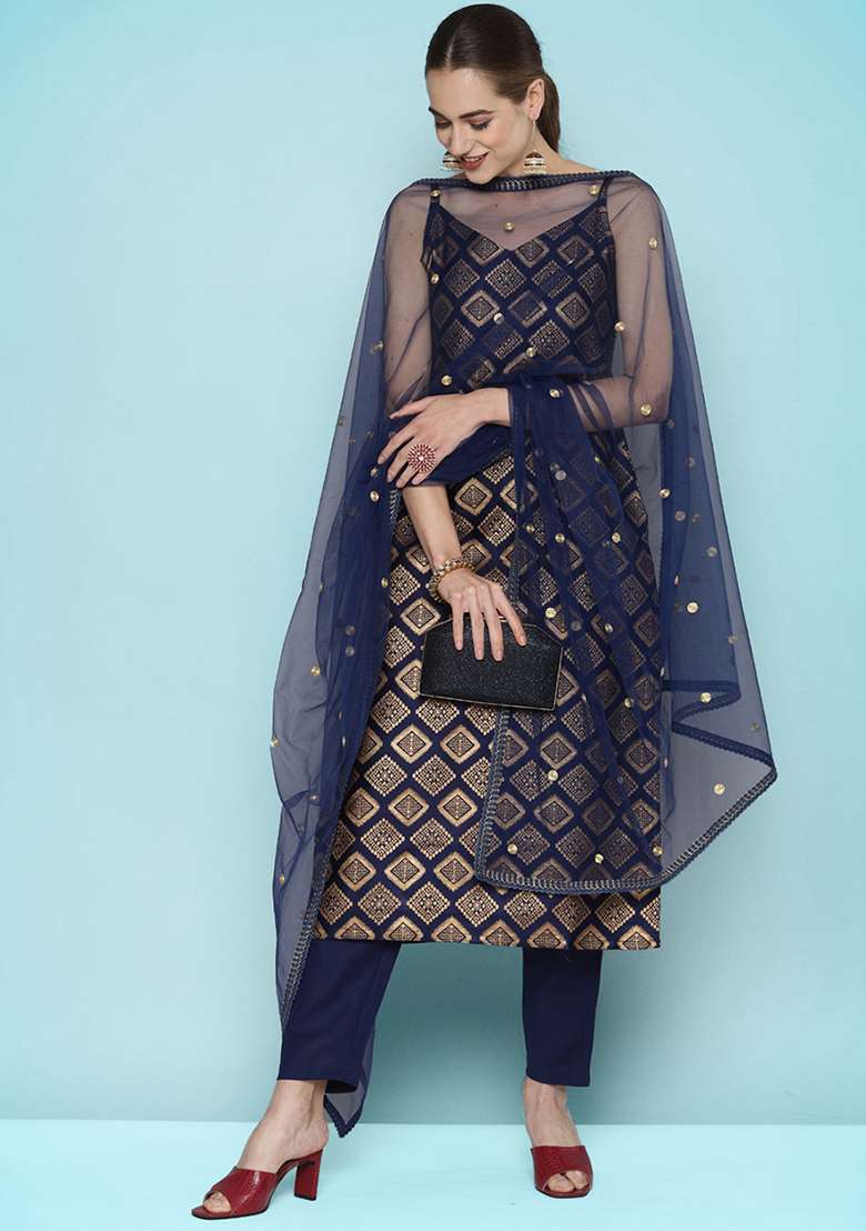 Blue Embroidered Silk Pakistani Suit Set - Indya