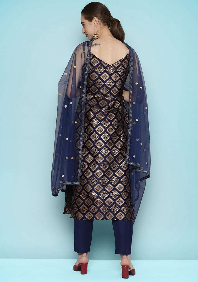 Blue Embroidered Silk Pakistani Suit Set - Indya
