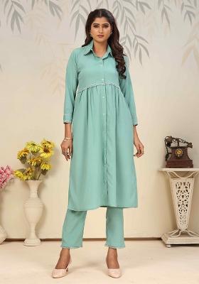 Sea Green Solid Cotton Salwar Kameez