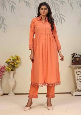 Peach Solid Cotton Salwar Kameez