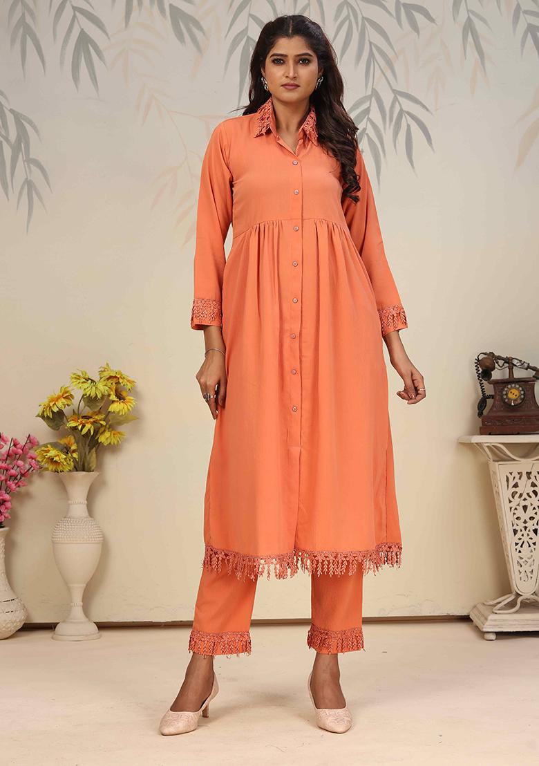 Peach Solid Cotton Salwar Kameez
