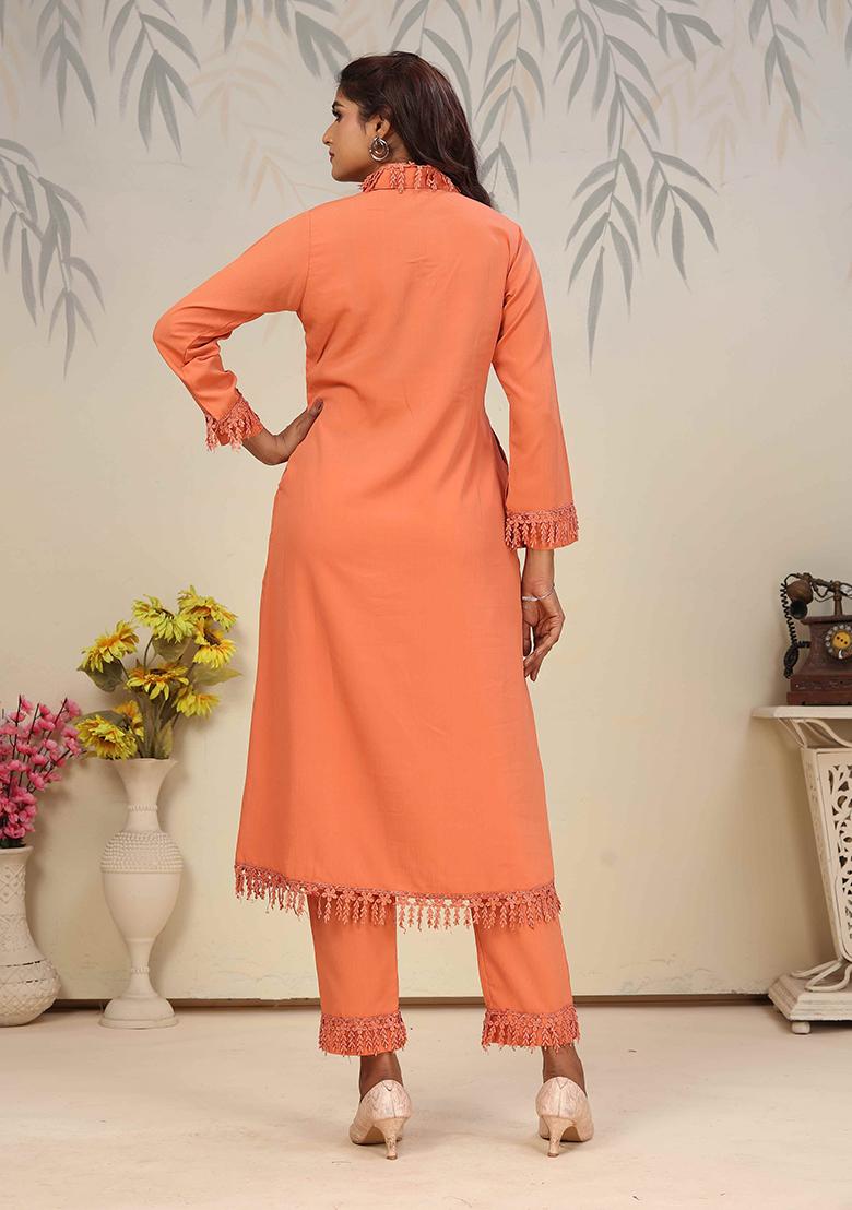 Peach Solid Cotton Salwar Kameez