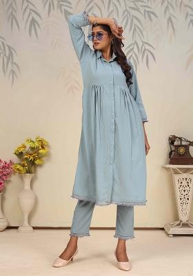 Sky Blue Solid Cotton Salwar Kameez