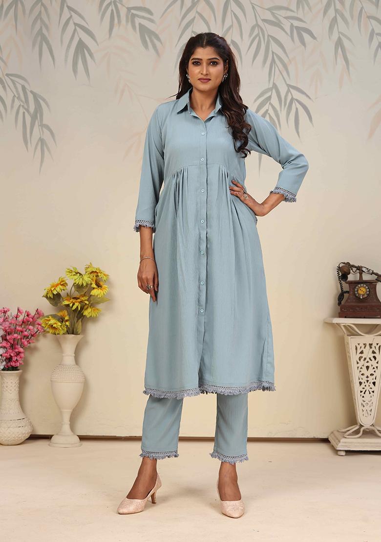 Sky Blue Solid Cotton Salwar Kameez