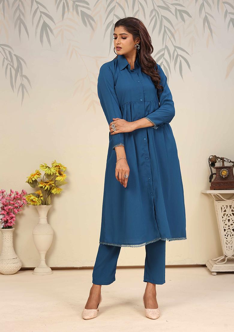 Blue Solid Cotton Salwar Kameez