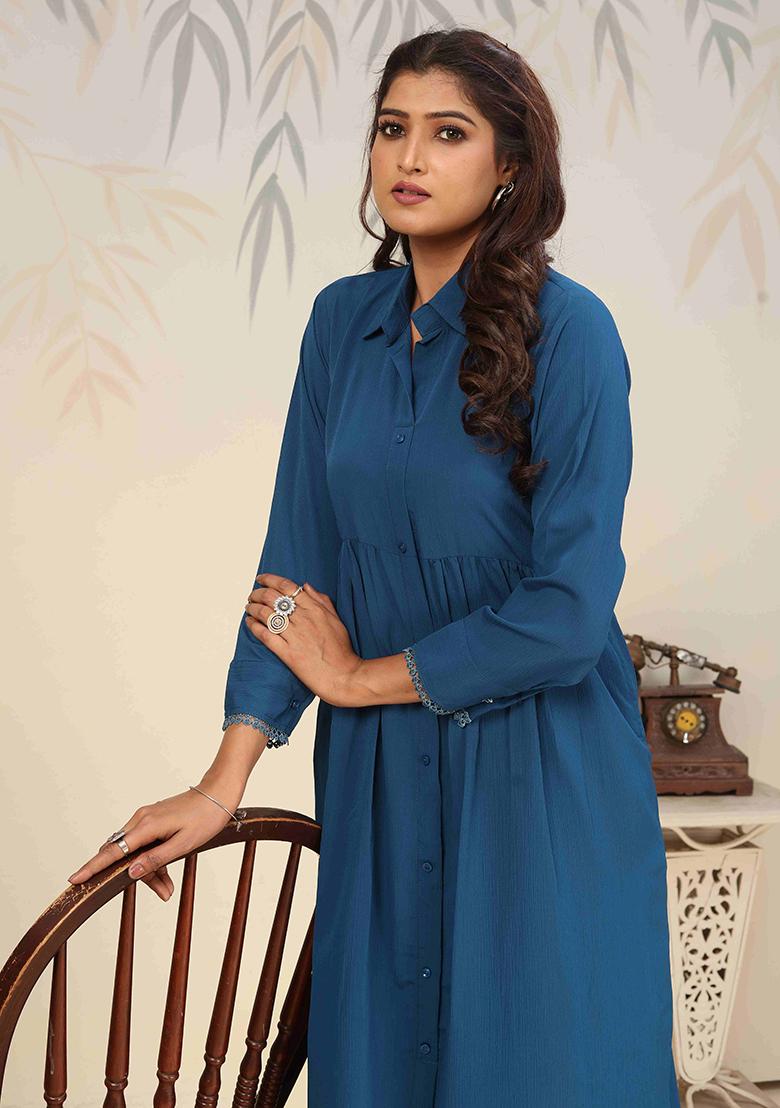 Blue Solid Cotton Salwar Kameez