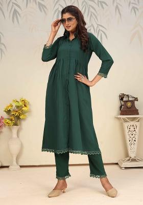 Green Solid Cotton Salwar Kameez
