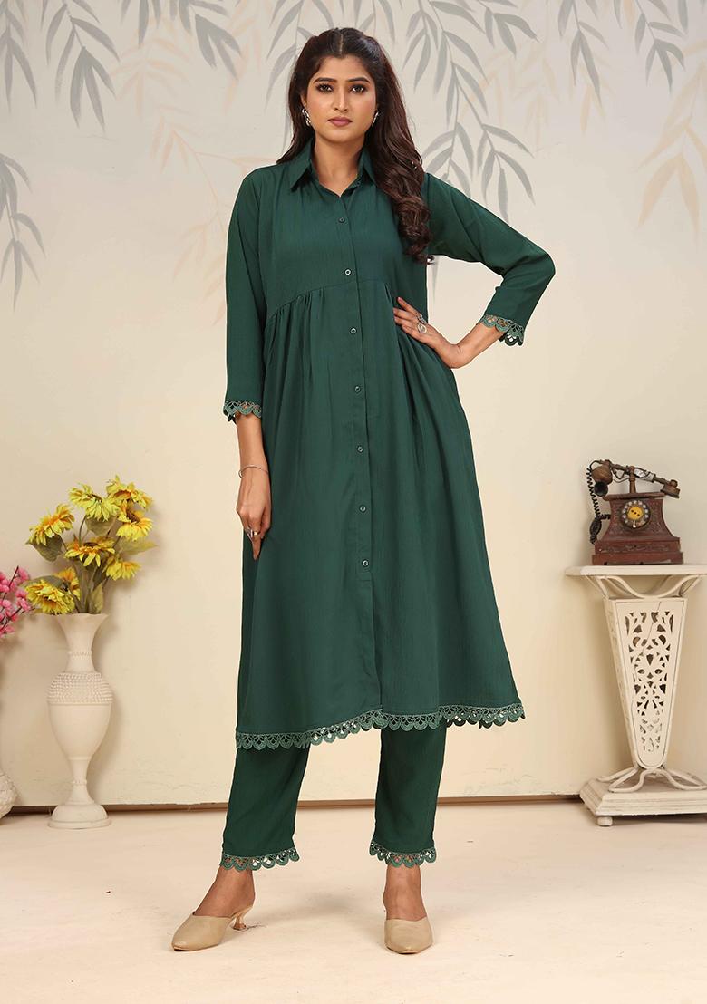 Green Solid Cotton Salwar Kameez