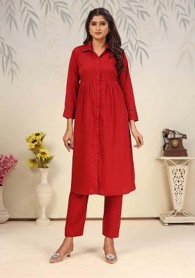 Red Solid Cotton Salwar Kameez