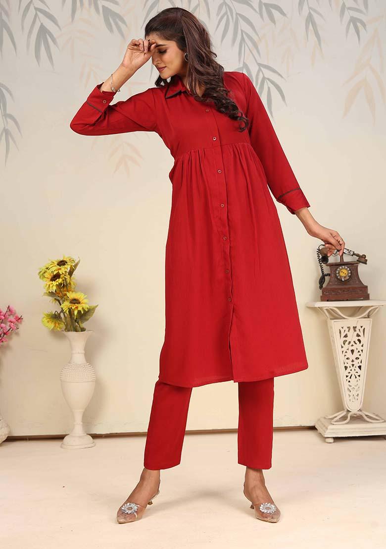 Red Solid Cotton Salwar Kameez