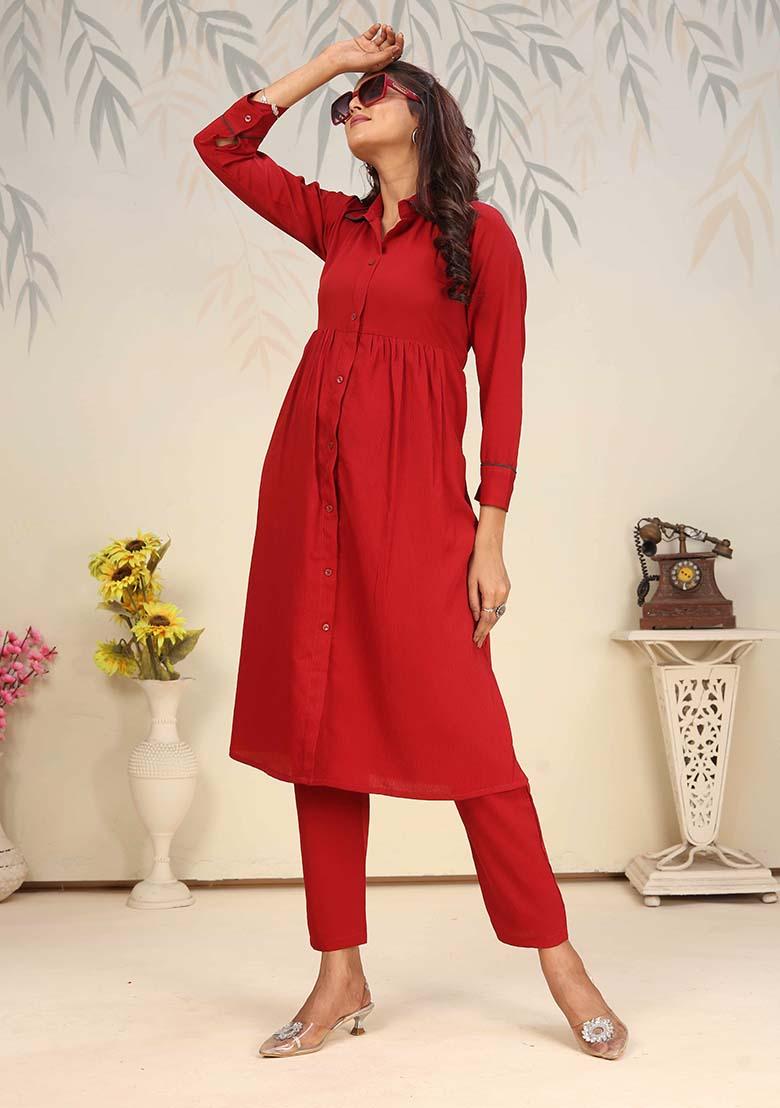 Red Solid Cotton Salwar Kameez