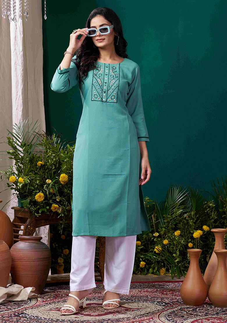 Green Solid Cotton Salwar Kameez