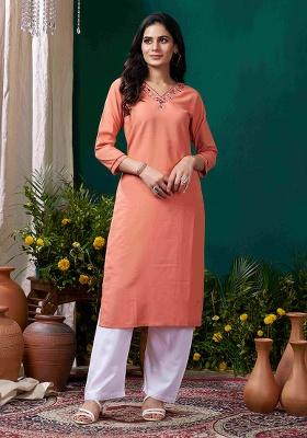 Peach Solid Cotton Salwar Kameez