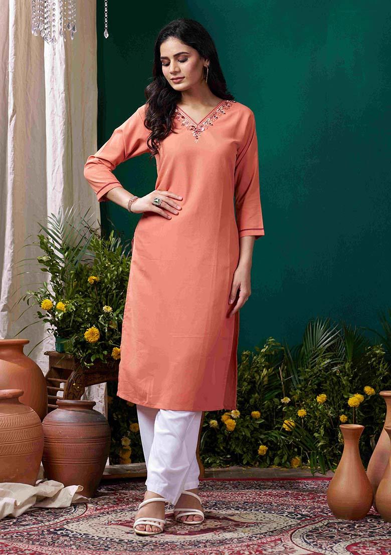 Peach Solid Cotton Salwar Kameez
