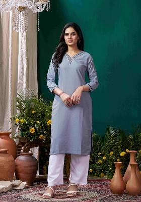 Grey Solid Cotton Salwar Kameez
