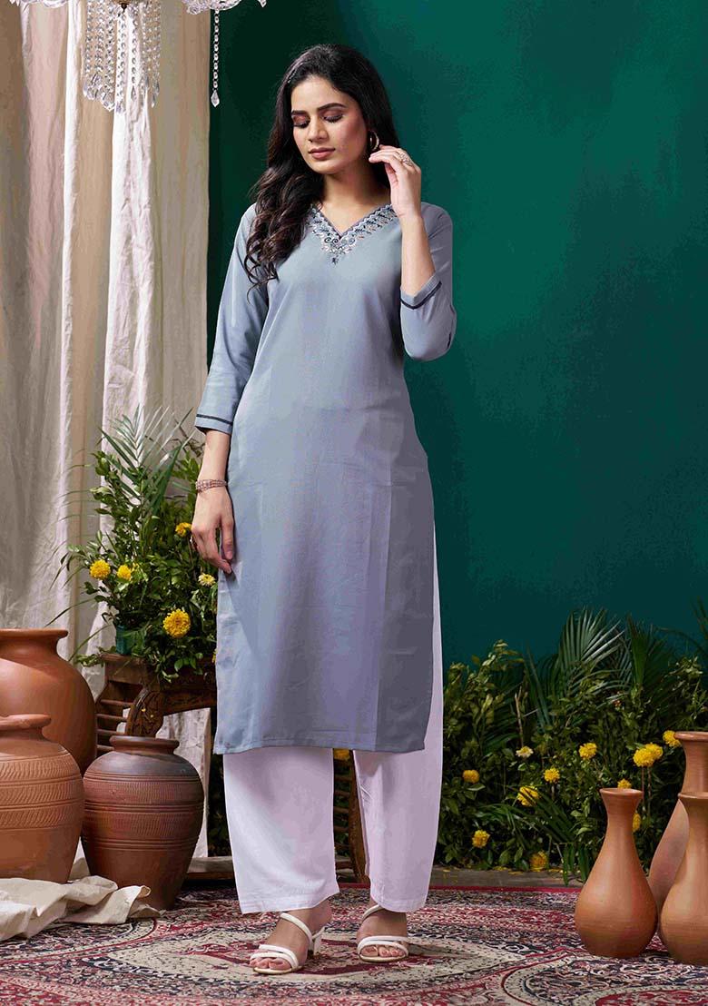 Grey Solid Cotton Salwar Kameez