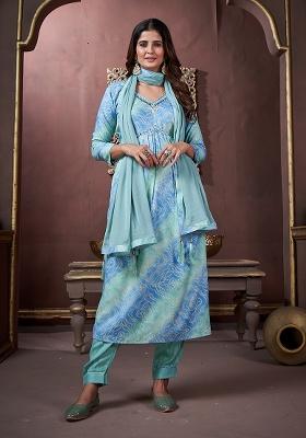Sky Blue Printed Rayon Salwar Kameez With Dupatta