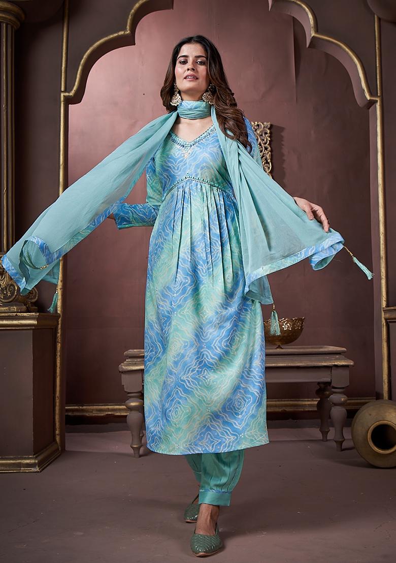 Sky Blue Printed Rayon Salwar Kameez With Dupatta