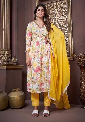 Yellow Printed Rayon Salwar Kameez With Dupatta