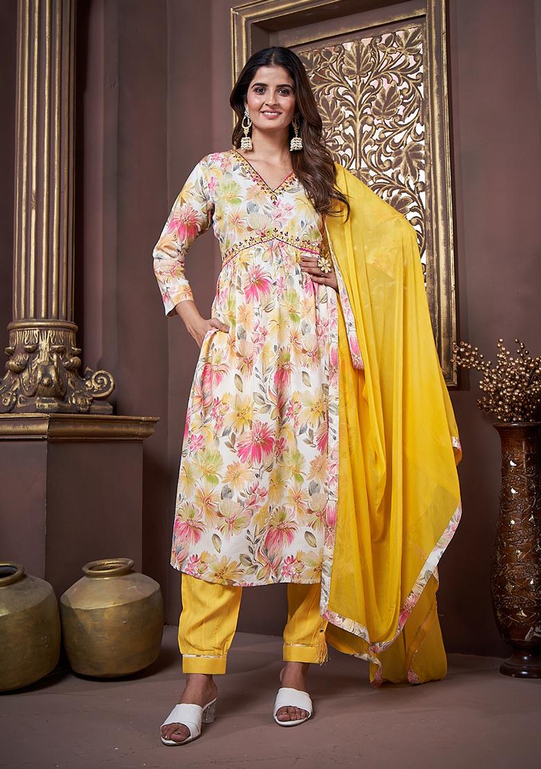 Yellow Printed Rayon Salwar Kameez With Dupatta