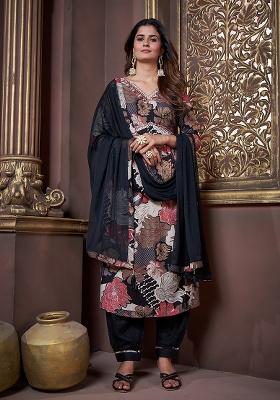 Black Printed Rayon Salwar Kameez With Dupatta