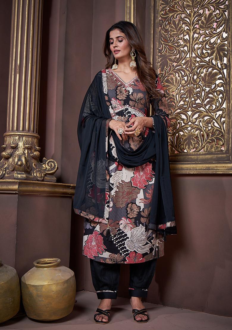 Black Printed Rayon Salwar Kameez With Dupatta