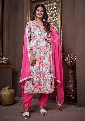 Pink Printed Rayon Salwar Kameez With Dupatta