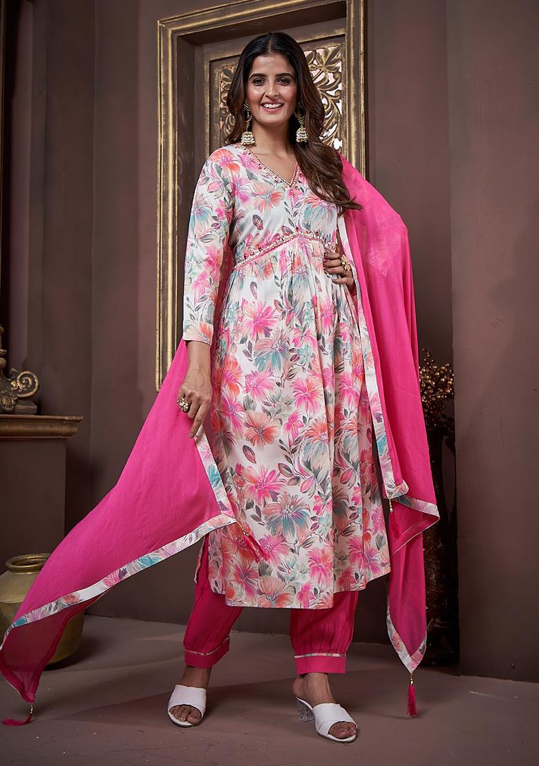 Pink Printed Rayon Salwar Kameez With Dupatta