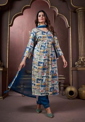 Sky Blue Printed Rayon Salwar Kameez With Dupatta