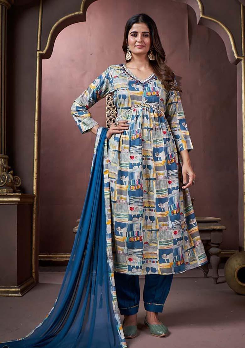 Sky Blue Printed Rayon Salwar Kameez With Dupatta